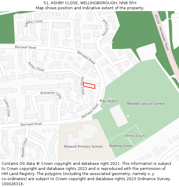 51, ASHBY CLOSE, WELLINGBOROUGH, NN8 5FH: Location map and indicative extent of plot
