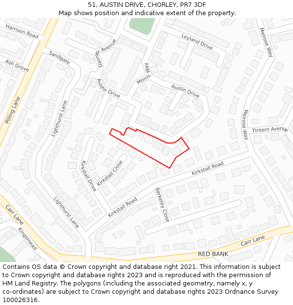 51, AUSTIN DRIVE, CHORLEY, PR7 3DF: Location map and indicative extent of plot