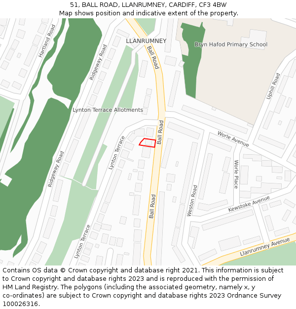 51, BALL ROAD, LLANRUMNEY, CARDIFF, CF3 4BW: Location map and indicative extent of plot