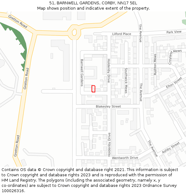 51, BARNWELL GARDENS, CORBY, NN17 5EL: Location map and indicative extent of plot