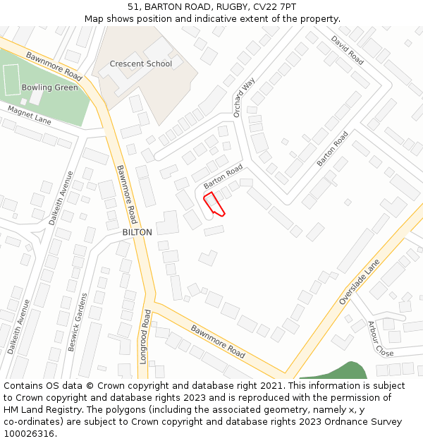 51, BARTON ROAD, RUGBY, CV22 7PT: Location map and indicative extent of plot