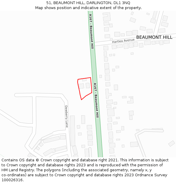 51, BEAUMONT HILL, DARLINGTON, DL1 3NQ: Location map and indicative extent of plot