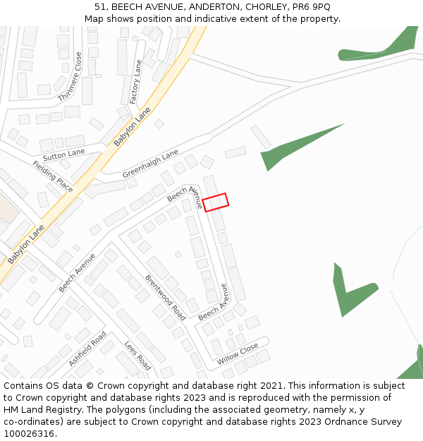 51, BEECH AVENUE, ANDERTON, CHORLEY, PR6 9PQ: Location map and indicative extent of plot