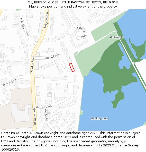 51, BEESON CLOSE, LITTLE PAXTON, ST NEOTS, PE19 6NE: Location map and indicative extent of plot