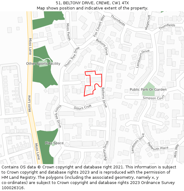 51, BELTONY DRIVE, CREWE, CW1 4TX: Location map and indicative extent of plot