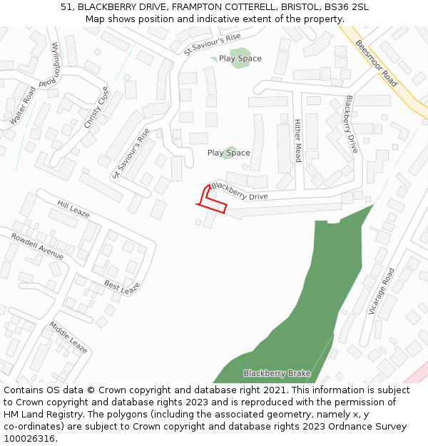 51, BLACKBERRY DRIVE, FRAMPTON COTTERELL, BRISTOL, BS36 2SL: Location map and indicative extent of plot