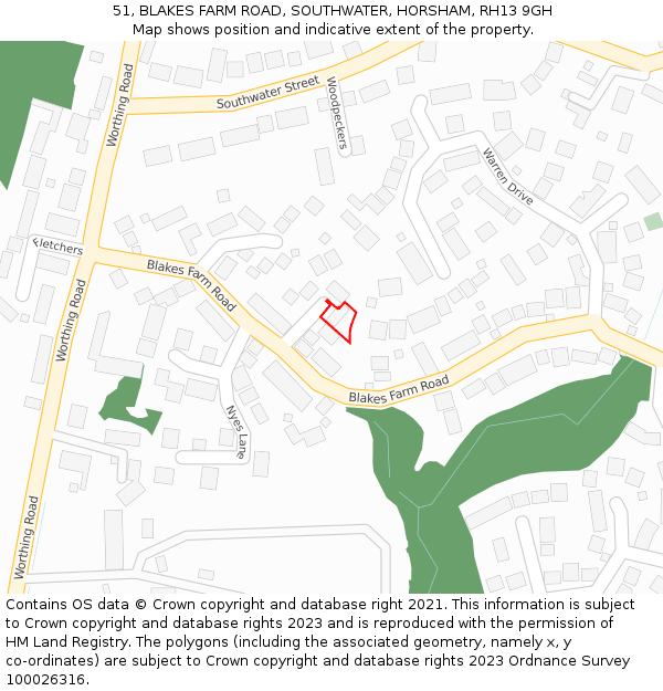 51, BLAKES FARM ROAD, SOUTHWATER, HORSHAM, RH13 9GH: Location map and indicative extent of plot