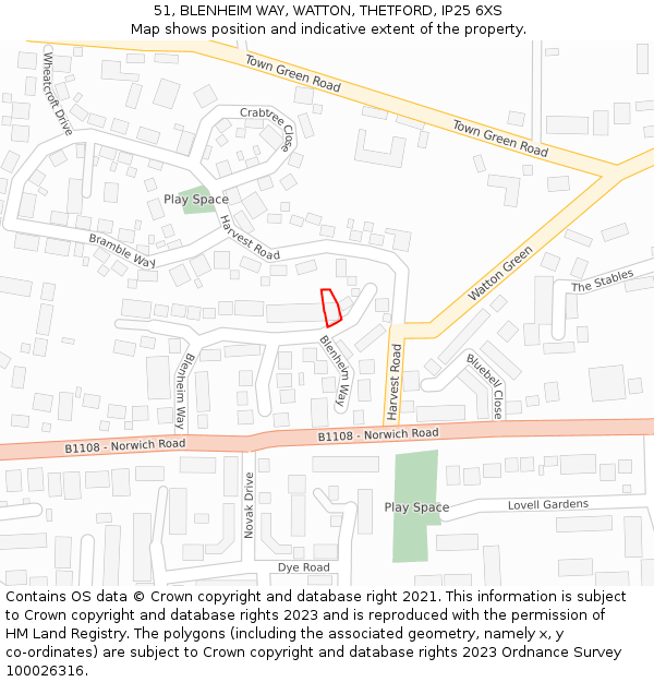 51, BLENHEIM WAY, WATTON, THETFORD, IP25 6XS: Location map and indicative extent of plot