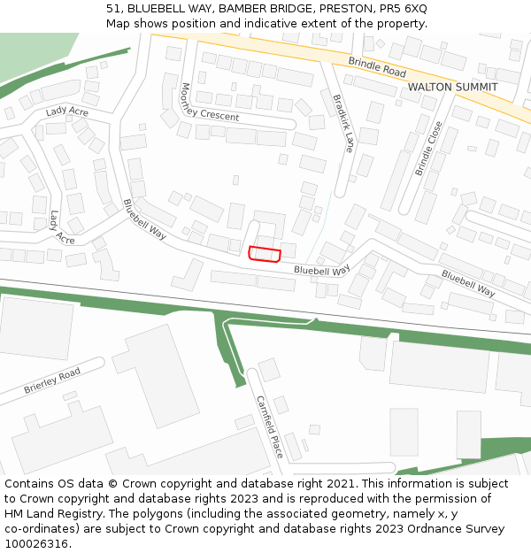 51, BLUEBELL WAY, BAMBER BRIDGE, PRESTON, PR5 6XQ: Location map and indicative extent of plot