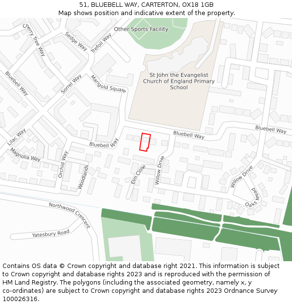 51, BLUEBELL WAY, CARTERTON, OX18 1GB: Location map and indicative extent of plot