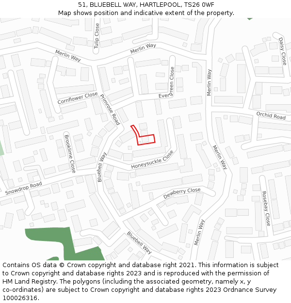 51, BLUEBELL WAY, HARTLEPOOL, TS26 0WF: Location map and indicative extent of plot