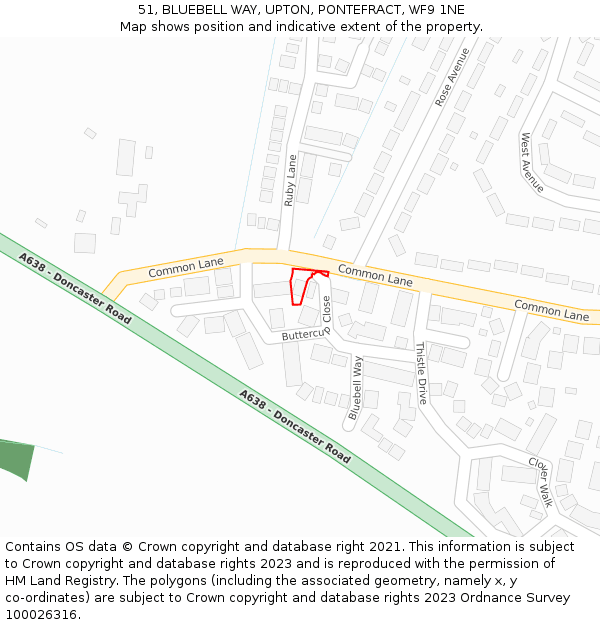 51, BLUEBELL WAY, UPTON, PONTEFRACT, WF9 1NE: Location map and indicative extent of plot