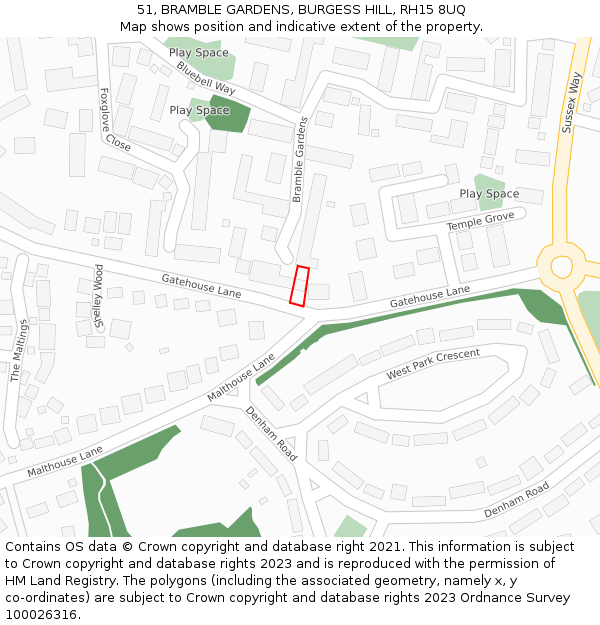 51, BRAMBLE GARDENS, BURGESS HILL, RH15 8UQ: Location map and indicative extent of plot