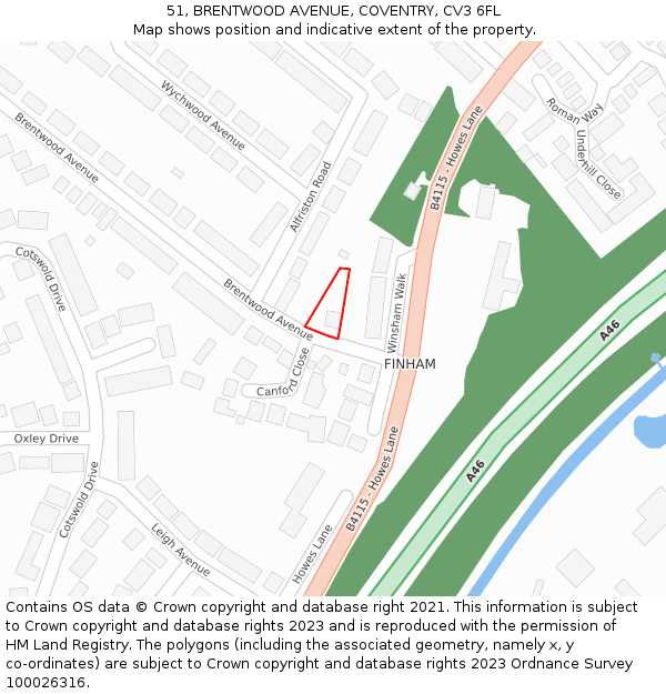 51, BRENTWOOD AVENUE, COVENTRY, CV3 6FL: Location map and indicative extent of plot