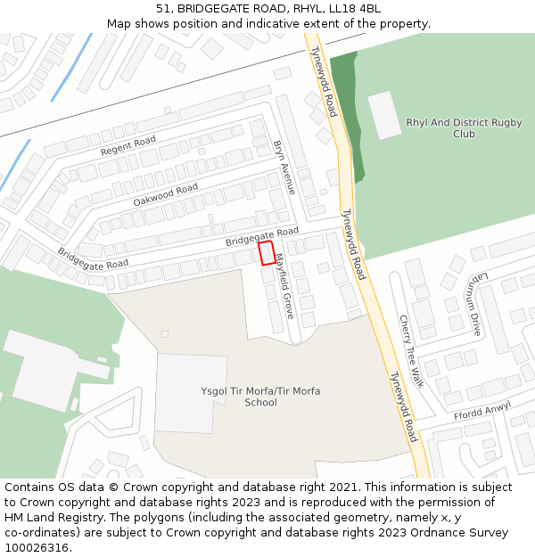 51, BRIDGEGATE ROAD, RHYL, LL18 4BL: Location map and indicative extent of plot