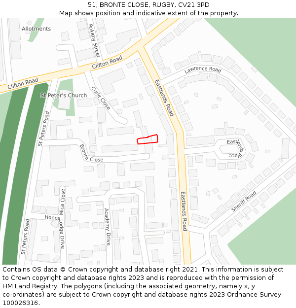 51, BRONTE CLOSE, RUGBY, CV21 3PD: Location map and indicative extent of plot