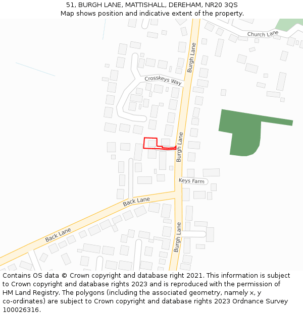 51, BURGH LANE, MATTISHALL, DEREHAM, NR20 3QS: Location map and indicative extent of plot