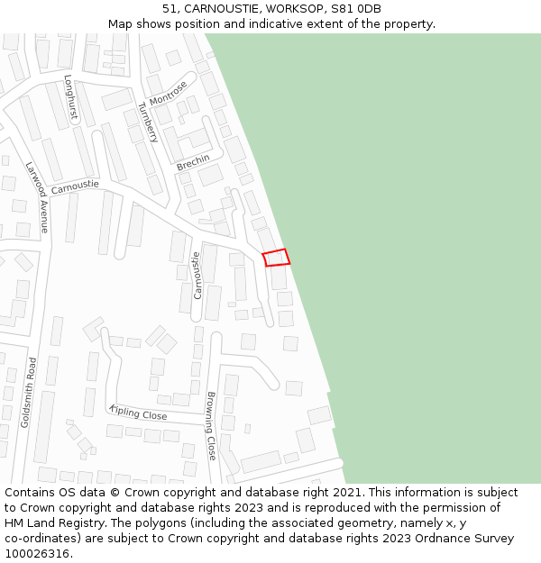 51, CARNOUSTIE, WORKSOP, S81 0DB: Location map and indicative extent of plot