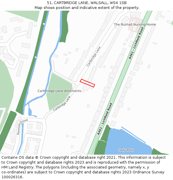 51, CARTBRIDGE LANE, WALSALL, WS4 1SB: Location map and indicative extent of plot