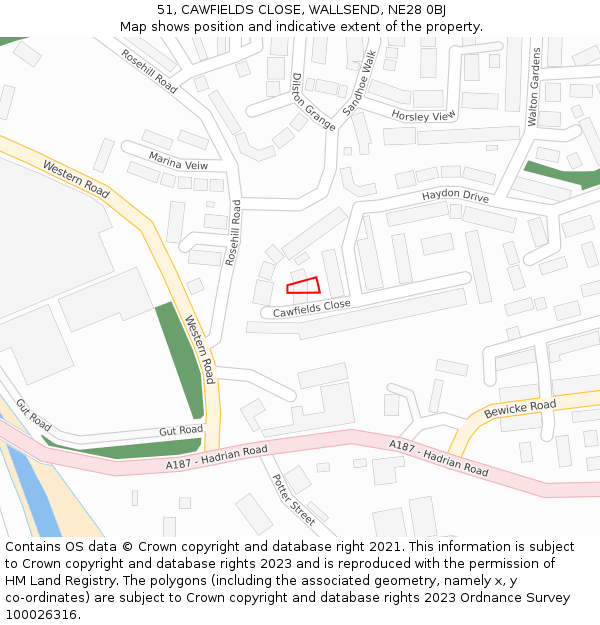 51, CAWFIELDS CLOSE, WALLSEND, NE28 0BJ: Location map and indicative extent of plot