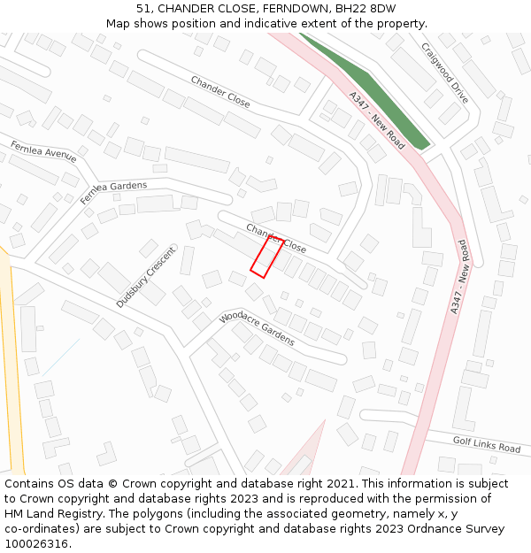 51, CHANDER CLOSE, FERNDOWN, BH22 8DW: Location map and indicative extent of plot