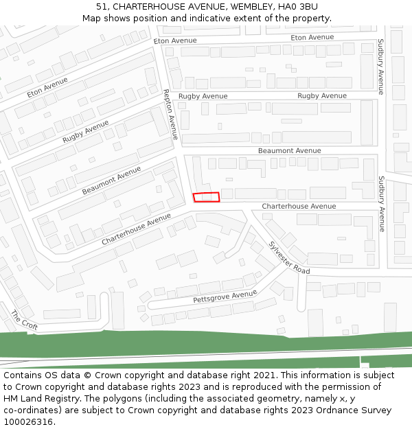 51, CHARTERHOUSE AVENUE, WEMBLEY, HA0 3BU: Location map and indicative extent of plot