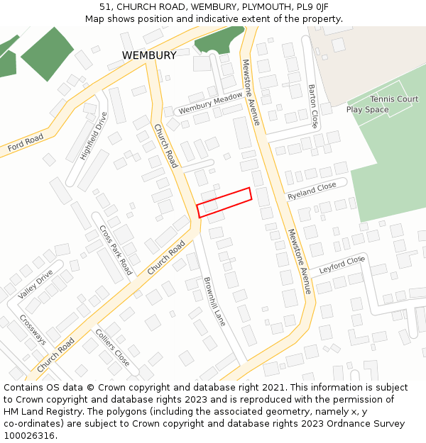 51, CHURCH ROAD, WEMBURY, PLYMOUTH, PL9 0JF: Location map and indicative extent of plot