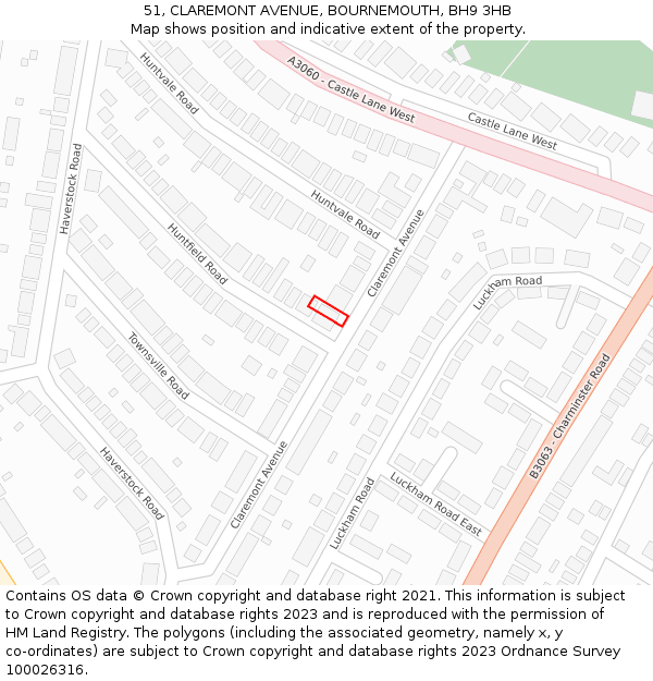 51, CLAREMONT AVENUE, BOURNEMOUTH, BH9 3HB: Location map and indicative extent of plot