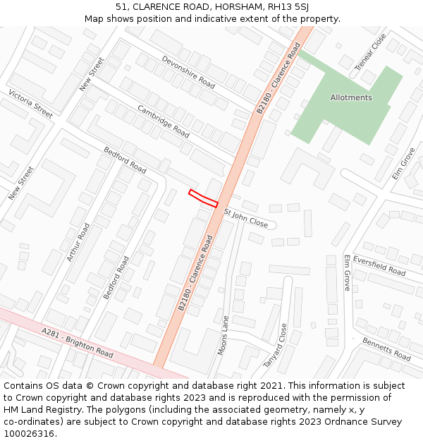 51, CLARENCE ROAD, HORSHAM, RH13 5SJ: Location map and indicative extent of plot