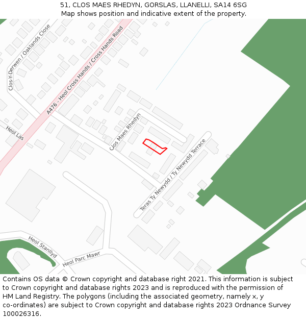 51, CLOS MAES RHEDYN, GORSLAS, LLANELLI, SA14 6SG: Location map and indicative extent of plot