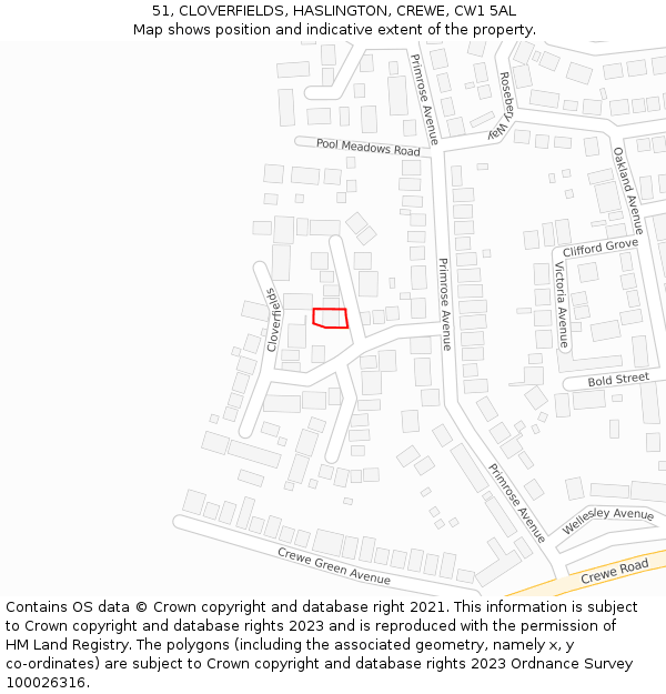 51, CLOVERFIELDS, HASLINGTON, CREWE, CW1 5AL: Location map and indicative extent of plot