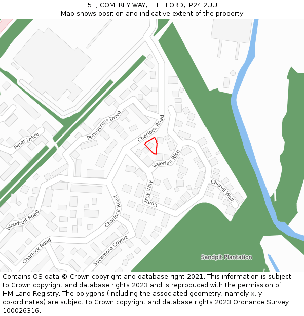 51, COMFREY WAY, THETFORD, IP24 2UU: Location map and indicative extent of plot