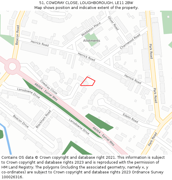 51, COWDRAY CLOSE, LOUGHBOROUGH, LE11 2BW: Location map and indicative extent of plot