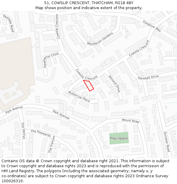 51, COWSLIP CRESCENT, THATCHAM, RG18 4BY: Location map and indicative extent of plot