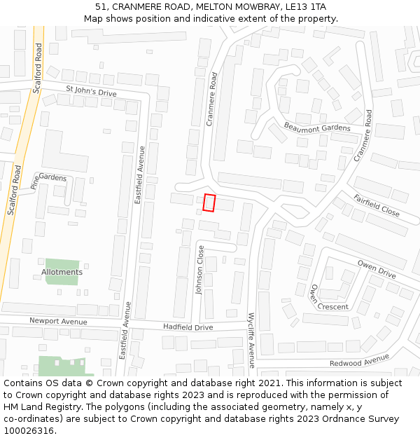 51, CRANMERE ROAD, MELTON MOWBRAY, LE13 1TA: Location map and indicative extent of plot