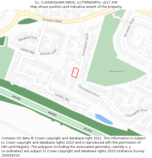 51, CUNNINGHAM DRIVE, LUTTERWORTH, LE17 4YR: Location map and indicative extent of plot