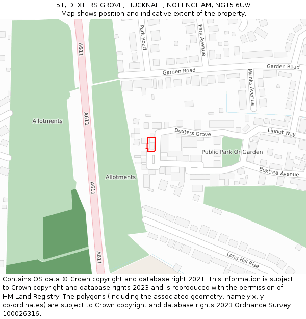 51, DEXTERS GROVE, HUCKNALL, NOTTINGHAM, NG15 6UW: Location map and indicative extent of plot