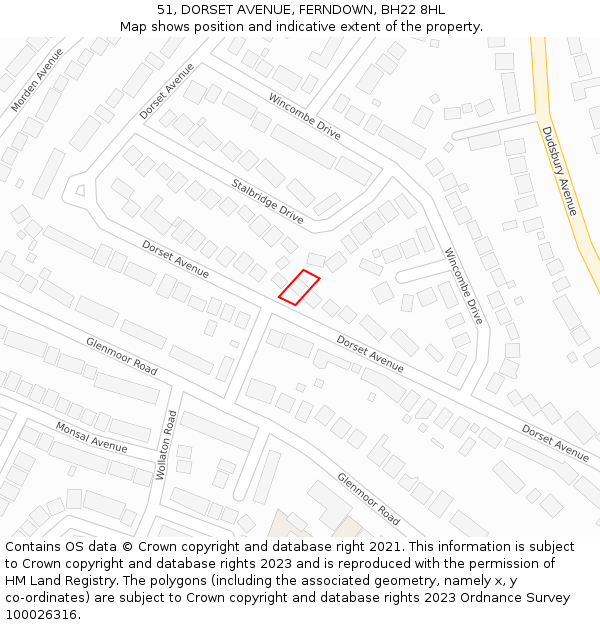 51, DORSET AVENUE, FERNDOWN, BH22 8HL: Location map and indicative extent of plot