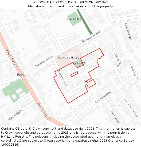 51, DOVEDALE CLOSE, INGOL, PRESTON, PR2 3WR: Location map and indicative extent of plot