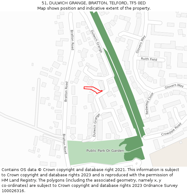 51, DULWICH GRANGE, BRATTON, TELFORD, TF5 0ED: Location map and indicative extent of plot