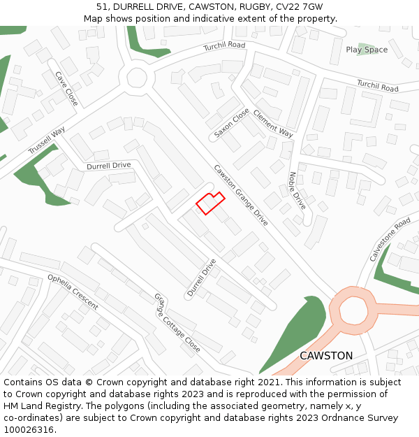 51, DURRELL DRIVE, CAWSTON, RUGBY, CV22 7GW: Location map and indicative extent of plot