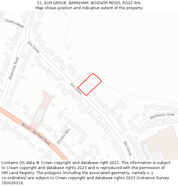 51, ELM GROVE, BARNHAM, BOGNOR REGIS, PO22 0HL: Location map and indicative extent of plot