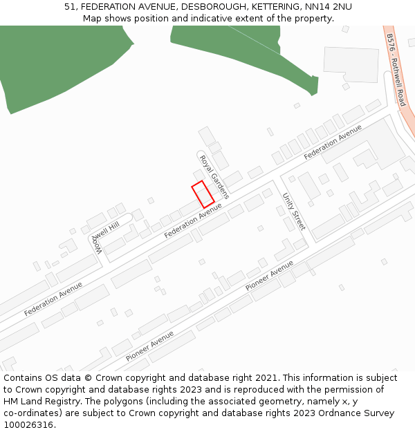 51, FEDERATION AVENUE, DESBOROUGH, KETTERING, NN14 2NU: Location map and indicative extent of plot