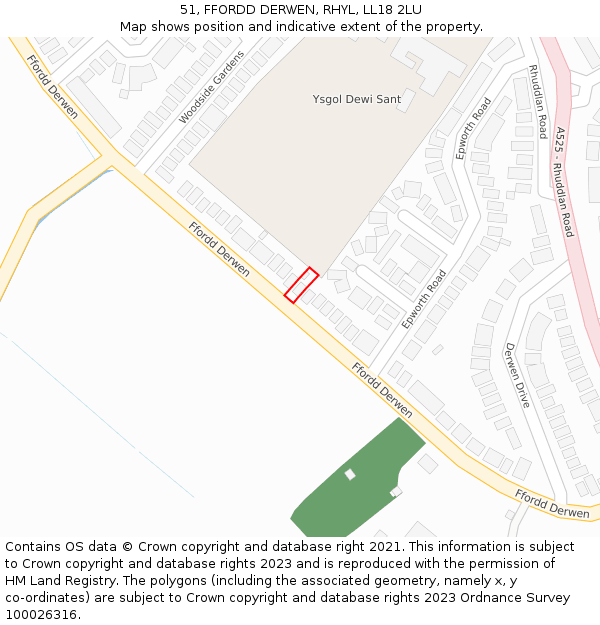 51, FFORDD DERWEN, RHYL, LL18 2LU: Location map and indicative extent of plot