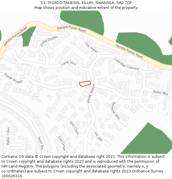 51, FFORDD TALIESIN, KILLAY, SWANSEA, SA2 7DF: Location map and indicative extent of plot