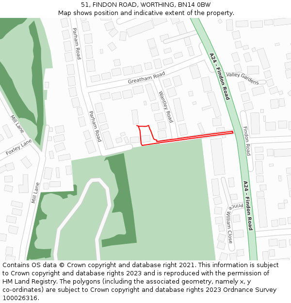 51, FINDON ROAD, WORTHING, BN14 0BW: Location map and indicative extent of plot