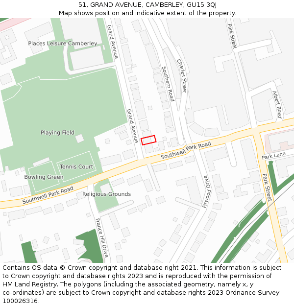 51, GRAND AVENUE, CAMBERLEY, GU15 3QJ: Location map and indicative extent of plot