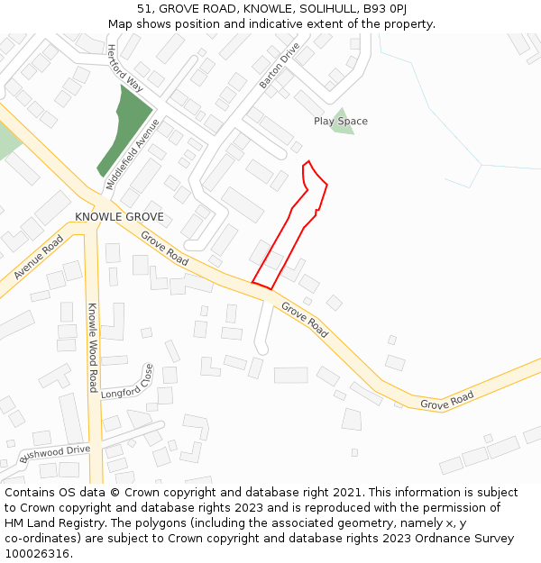 51, GROVE ROAD, KNOWLE, SOLIHULL, B93 0PJ: Location map and indicative extent of plot