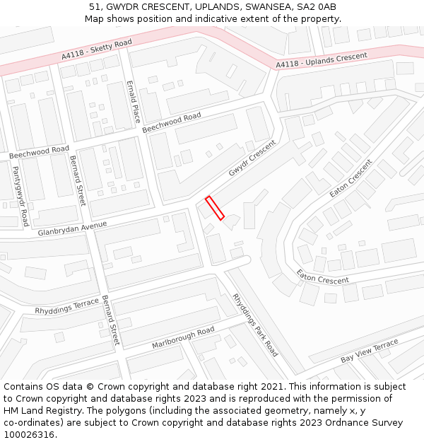 51, GWYDR CRESCENT, UPLANDS, SWANSEA, SA2 0AB: Location map and indicative extent of plot