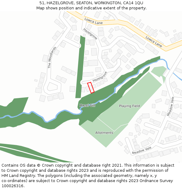 51, HAZELGROVE, SEATON, WORKINGTON, CA14 1QU: Location map and indicative extent of plot